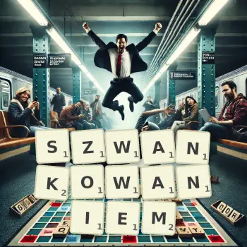 Kreatywna ilustracja do gry w Scrabble ze słowem SZWANKOWANIEM ułożonym z płytek na planszy.