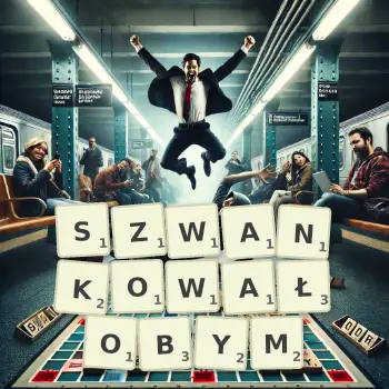 Kreatywna ilustracja do gry w Scrabble ze słowem SZWANKOWAŁOBYM ułożonym z płytek na planszy.