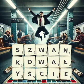 Kreatywna ilustracja do gry w Scrabble ze słowem SZWANKOWAŁYŚCIE ułożonym z płytek na planszy.
