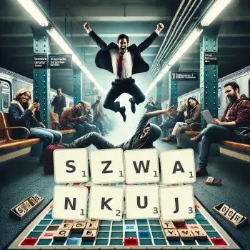 Kreatywna ilustracja do gry w Scrabble ze słowem SZWANKUJ ułożonym z płytek na planszy.
