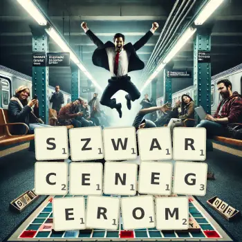 Kreatywna ilustracja do gry w Scrabble ze słowem SZWARCENEGEROM ułożonym z płytek na planszy.