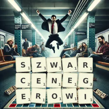 Kreatywna ilustracja do gry w Scrabble ze słowem SZWARCENEGEROWI ułożonym z płytek na planszy.