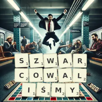 Kreatywna ilustracja do gry w Scrabble ze słowem SZWARCOWALIŚMY ułożonym z płytek na planszy.