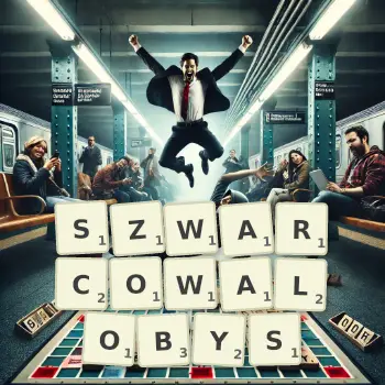 Kreatywna ilustracja do gry w Scrabble ze słowem SZWARCOWALOBYS ułożonym z płytek na planszy.