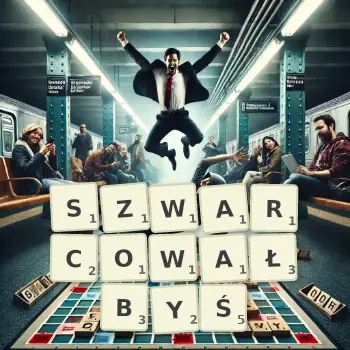 Kreatywna ilustracja do gry w Scrabble ze słowem SZWARCOWAŁBYŚ ułożonym z płytek na planszy.