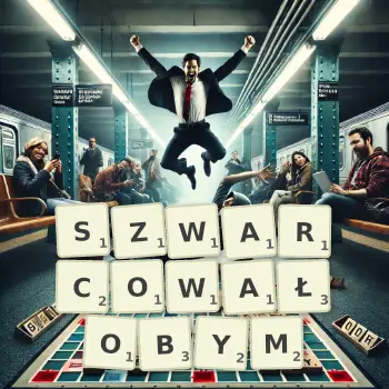 Kreatywna ilustracja do gry w Scrabble ze słowem SZWARCOWAŁOBYM ułożonym z płytek na planszy.