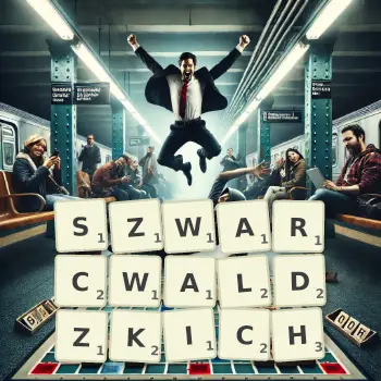 Kreatywna ilustracja do gry w Scrabble ze słowem SZWARCWALDZKICH ułożonym z płytek na planszy.