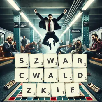 Kreatywna ilustracja do gry w Scrabble ze słowem SZWARCWALDZKIE ułożonym z płytek na planszy.