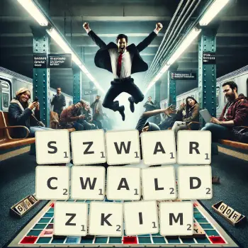Kreatywna ilustracja do gry w Scrabble ze słowem SZWARCWALDZKIM ułożonym z płytek na planszy.