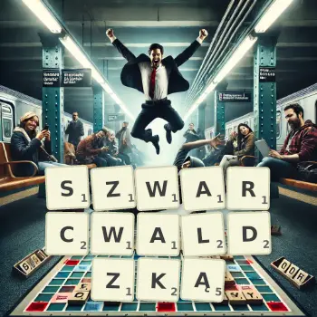 Kreatywna ilustracja do gry w Scrabble ze słowem SZWARCWALDZKĄ ułożonym z płytek na planszy.