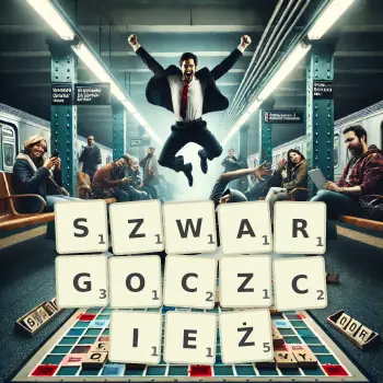 Kreatywna ilustracja do gry w Scrabble ze słowem SZWARGOCZCIEŻ ułożonym z płytek na planszy.