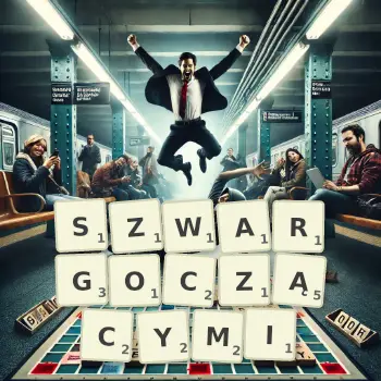 Kreatywna ilustracja do gry w Scrabble ze słowem SZWARGOCZĄCYMI ułożonym z płytek na planszy.