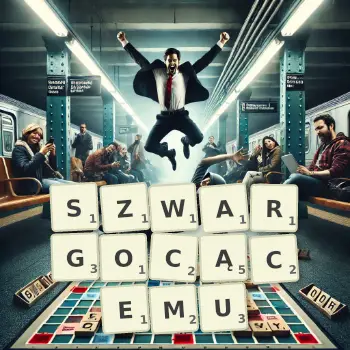 Kreatywna ilustracja do gry w Scrabble ze słowem SZWARGOCĄCEMU ułożonym z płytek na planszy.