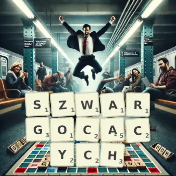 Kreatywna ilustracja do gry w Scrabble ze słowem SZWARGOCĄCYCH ułożonym z płytek na planszy.