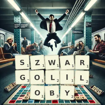 Kreatywna ilustracja do gry w Scrabble ze słowem SZWARGOLILOBY ułożonym z płytek na planszy.