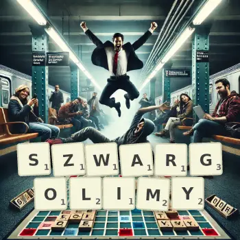 Kreatywna ilustracja do gry w Scrabble ze słowem SZWARGOLIMY ułożonym z płytek na planszy.
