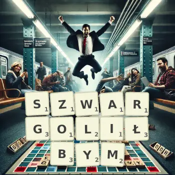 Kreatywna ilustracja do gry w Scrabble ze słowem SZWARGOLIŁBYM ułożonym z płytek na planszy.