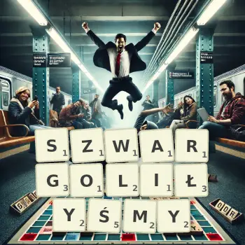 Kreatywna ilustracja do gry w Scrabble ze słowem SZWARGOLIŁYŚMY ułożonym z płytek na planszy.