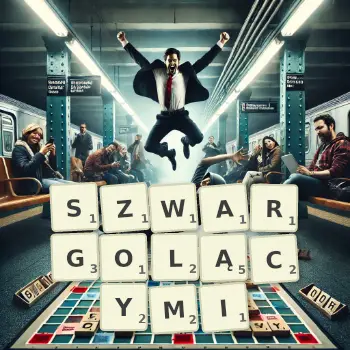 Kreatywna ilustracja do gry w Scrabble ze słowem SZWARGOLĄCYMI ułożonym z płytek na planszy.