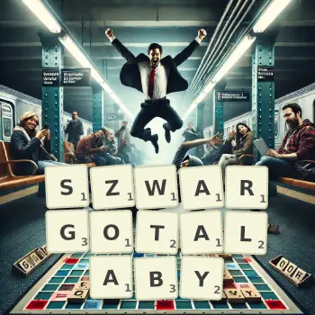 Kreatywna ilustracja do gry w Scrabble ze słowem SZWARGOTALABY ułożonym z płytek na planszy.