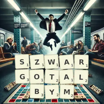 Kreatywna ilustracja do gry w Scrabble ze słowem SZWARGOTALBYM ułożonym z płytek na planszy.