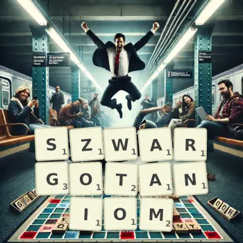 Kreatywna ilustracja do gry w Scrabble ze słowem SZWARGOTANIOM ułożonym z płytek na planszy.