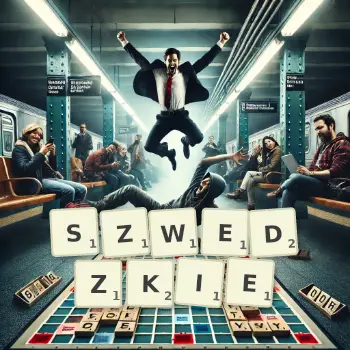 Kreatywna ilustracja do gry w Scrabble ze słowem SZWEDZKIE ułożonym z płytek na planszy.