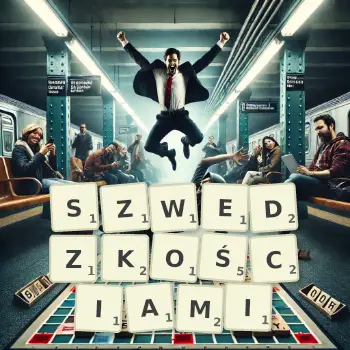 Kreatywna ilustracja do gry w Scrabble ze słowem SZWEDZKOŚCIAMI ułożonym z płytek na planszy.