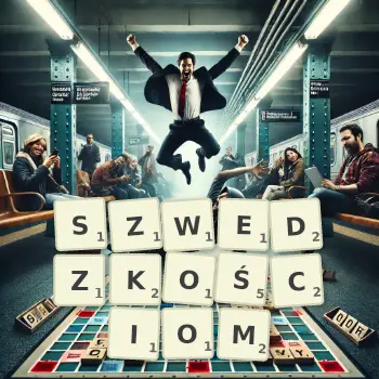 Kreatywna ilustracja do gry w Scrabble ze słowem SZWEDZKOŚCIOM ułożonym z płytek na planszy.