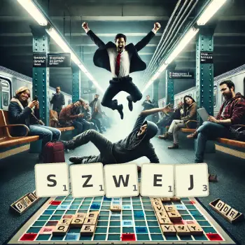 Kreatywna ilustracja do gry w Scrabble ze słowem SZWEJ ułożonym z płytek na planszy.
