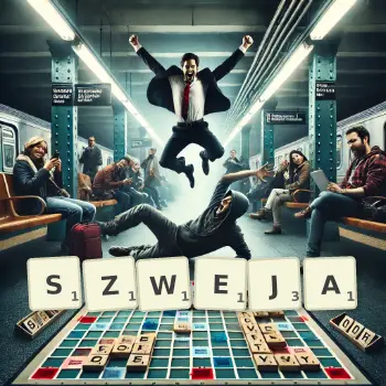 Kreatywna ilustracja do gry w Scrabble ze słowem SZWEJA ułożonym z płytek na planszy.