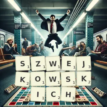 Kreatywna ilustracja do gry w Scrabble ze słowem SZWEJKOWSKICH ułożonym z płytek na planszy.
