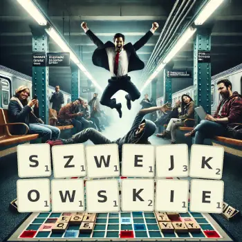Kreatywna ilustracja do gry w Scrabble ze słowem SZWEJKOWSKIE ułożonym z płytek na planszy.