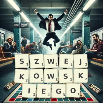 Kreatywna ilustracja do gry w Scrabble ze słowem SZWEJKOWSKIEGO ułożonym z płytek na planszy.