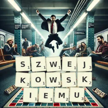 Kreatywna ilustracja do gry w Scrabble ze słowem SZWEJKOWSKIEMU ułożonym z płytek na planszy.