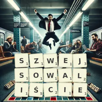 Kreatywna ilustracja do gry w Scrabble ze słowem SZWEJSOWALIŚCIE ułożonym z płytek na planszy.