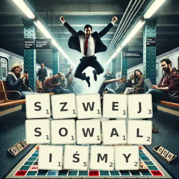 Kreatywna ilustracja do gry w Scrabble ze słowem SZWEJSOWALIŚMY ułożonym z płytek na planszy.