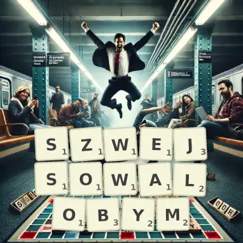 Kreatywna ilustracja do gry w Scrabble ze słowem SZWEJSOWALOBYM ułożonym z płytek na planszy.