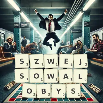 Kreatywna ilustracja do gry w Scrabble ze słowem SZWEJSOWALOBYS ułożonym z płytek na planszy.
