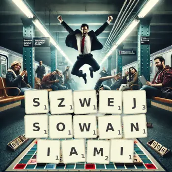 Kreatywna ilustracja do gry w Scrabble ze słowem SZWEJSOWANIAMI ułożonym z płytek na planszy.