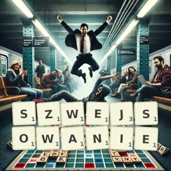 Kreatywna ilustracja do gry w Scrabble ze słowem SZWEJSOWANIE ułożonym z płytek na planszy.