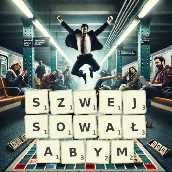Kreatywna ilustracja do gry w Scrabble ze słowem SZWEJSOWAŁABYM ułożonym z płytek na planszy.