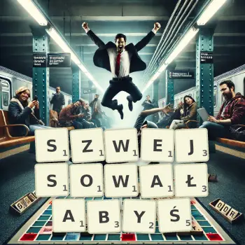 Kreatywna ilustracja do gry w Scrabble ze słowem SZWEJSOWAŁABYŚ ułożonym z płytek na planszy.