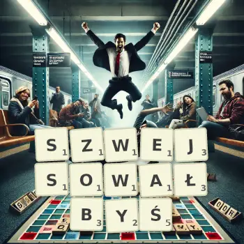 Kreatywna ilustracja do gry w Scrabble ze słowem SZWEJSOWAŁBYŚ ułożonym z płytek na planszy.
