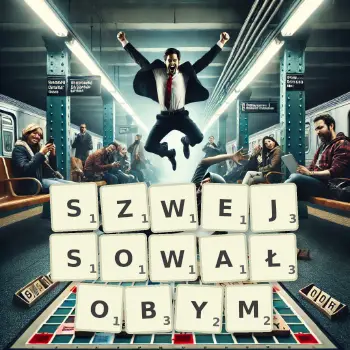 Kreatywna ilustracja do gry w Scrabble ze słowem SZWEJSOWAŁOBYM ułożonym z płytek na planszy.