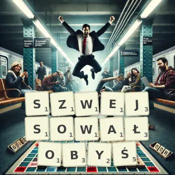 Kreatywna ilustracja do gry w Scrabble ze słowem SZWEJSOWAŁOBYŚ ułożonym z płytek na planszy.
