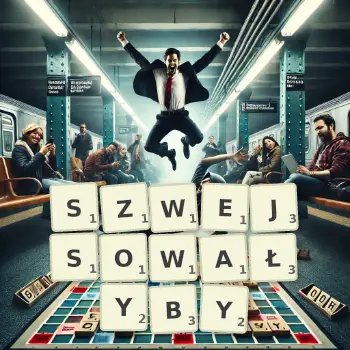 Kreatywna ilustracja do gry w Scrabble ze słowem SZWEJSOWAŁYBY ułożonym z płytek na planszy.