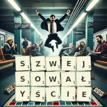 Kreatywna ilustracja do gry w Scrabble ze słowem SZWEJSOWAŁYŚCIE ułożonym z płytek na planszy.