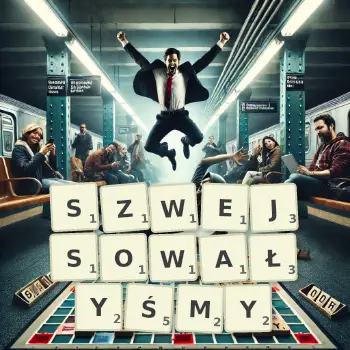 Kreatywna ilustracja do gry w Scrabble ze słowem SZWEJSOWAŁYŚMY ułożonym z płytek na planszy.