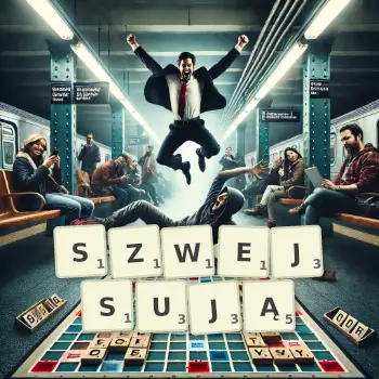 Kreatywna ilustracja do gry w Scrabble ze słowem SZWEJSUJĄ ułożonym z płytek na planszy.